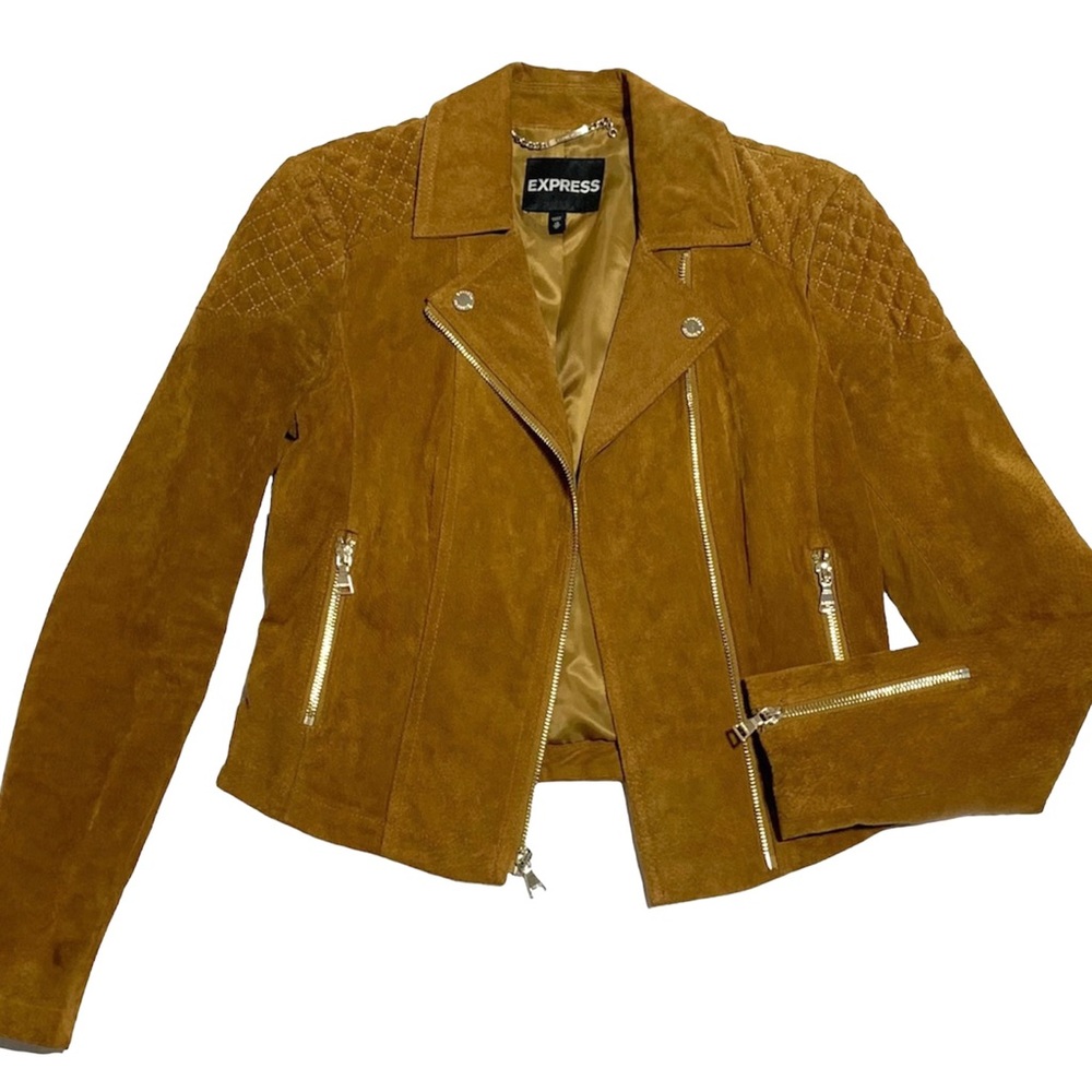 Express Orange Brown Biker Moto Genuine Leather Jacket Size XS